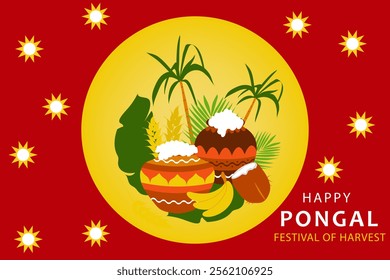  Happy Pongal .  Holiday harvest festival of  India.  Vector illustration for banner, greeting card, poster, web . 