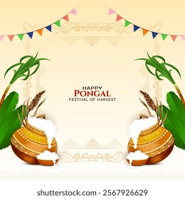 Happy Pongal Indian festival greeting card with rice pot vector