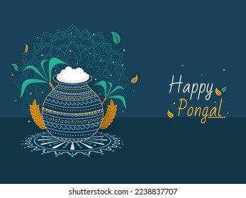 Happy Pongal Lettering With Vector Traditional Dish In Clay Pot, Sugarcanes, Wheat Ears Over Rangoli (Kolam) On Blue Background.