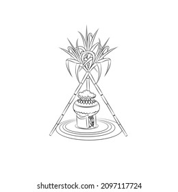 happy pongal mud pot with sugar cane line drawing illustration