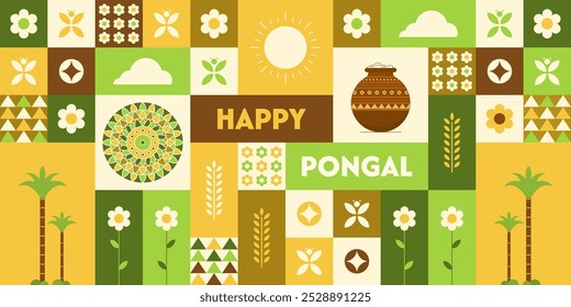 Diseño feliz del patrón de Pongal con la caña de azúcar, el trigo, la olla de pongal, y otras decoraciones.