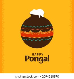 Happy Pongal Poster Design With Mud Pot Full Of Traditional Dish (Pongal Rice) On Orange Background.