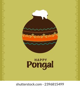 Happy Pongal Poster Design with Mud Pot Full Of Traditional Dish (Pongal Rice) on Light Olive Green Background.