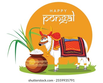 Happy Pongal Poster Design with Ox Character, Traditional Clay Pot of Rice Dish, Sugarcane on Background.