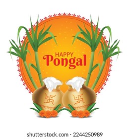 Happy Pongal Poster Vector Illustration. Traditional South India Festival. Sun Mandala, Sugarcane, rice pudding in pot graphic background. Social media post, promotion, greeting card, invite, website