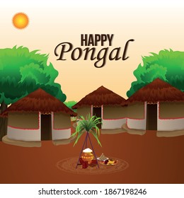 Happy pongal religious festival of india celebration with creative hut and mud pot