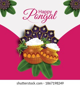 Happy pongal religious festival of india celebration with creative hut and mud pot