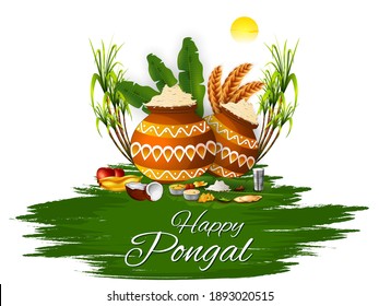 Happy Pongal religious festival of South India celebration background. Vector illustration