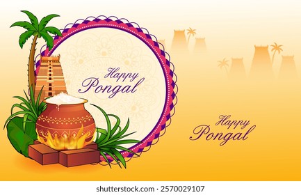 Happy Pongal religious festival of South India celebration background. Vector illustration