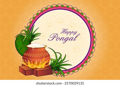 Happy Pongal religious festival of South India celebration background. Vector illustration