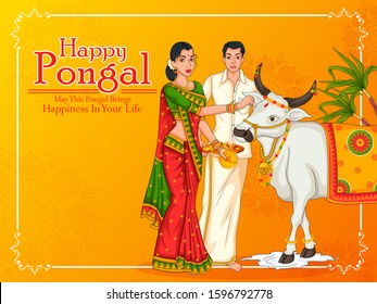 Happy Pongal religious holiday background for harvesting festival of India in vector