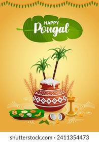 Happy Pongal religious holiday background for harvesting festival of India in vector