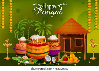 Happy Pongal religious holiday background for harvesting festival of India in vector