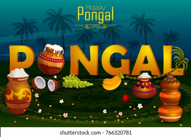 Happy Pongal religious holiday background for harvesting festival of India in vector