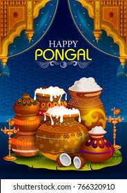 Happy Pongal religious holiday background for harvesting festival of India in vector