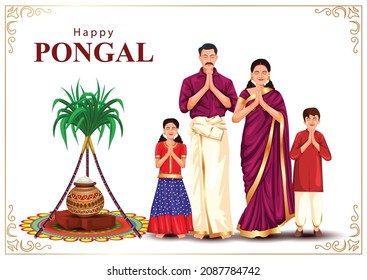  Happy Pongal religious traditional festival of Tamil Nadu India. Tamil family pray for god. vector illustration design