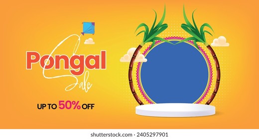 Happy pongal sale banner template with podium and festive elements