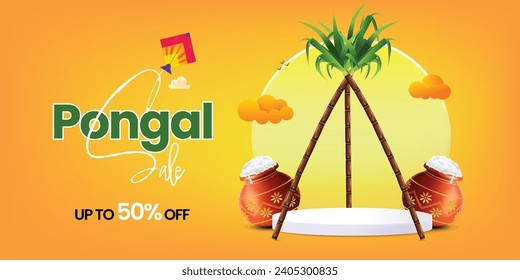 Happy pongal sale banner template with podium and festive elements