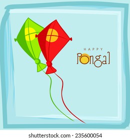 Happy Pongal, South Indian harvesting festival celebrations with colorful kites on sky blue background.