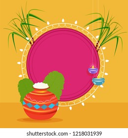 Happy Pongal template or flyer design with traditional pot, sugarcane and illuminated oil lamps hang on yellow background for South Indian festival celebration.