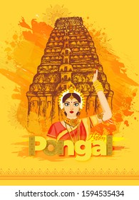 Happy Pongal template or greeting card design with beautiful woman and sketching of Meenakshi temple with brush stroke effect on yellow background.