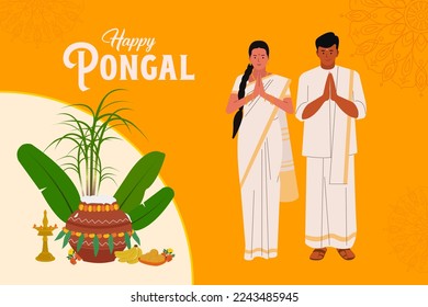 Feliz texto de Pongal y la familia del sur de India celebrando el festival con caña de azúcar, rangoli y arroz en olla. Diseño vectorial de la celebración del festival cultural indio.