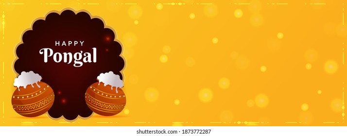 Happy Pongal Text With Traditional Dish In Mud Pots On Brown And Yellow Bokeh Background. Header Or Banner Design.