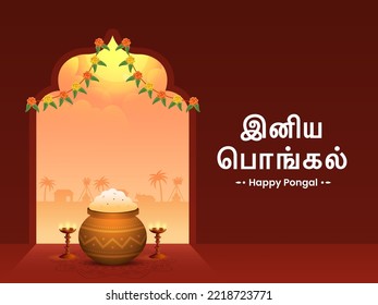 Happy Pongal Text Written In Tamil Language With Clay Pot Full Of Traditional Dish, Lit Oil Lamp (Diya) Stand And Toran Decorated Red Background.