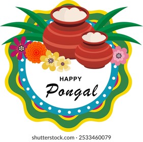 Feliz Pongal design temático com elementos tradicionais alegres e coloridos.
