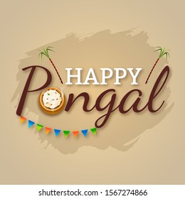 Happy Pongal txet with top view hot mud pot full of pongali rice and sugarcane on brown brush stroke effect background.