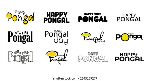 Happy Pongal Typography set. Vector logo, emblems, text design. Usable for banners, greeting cards, gifts etc.