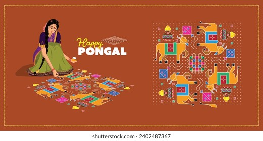 Happy pongal. Vector illustration of a south indian woman making kolam infront of house.