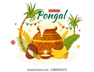 Happy Pongal Vector Illustration of Traditional Tamil Nadu India Festival Celebration with Sugarcane and Plate of Religious Props in Flat Background