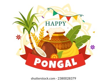 Happy Pongal Vector Illustration of Traditional Tamil Nadu India Festival Celebration with Sugarcane and Plate of Religious Props in Flat Background