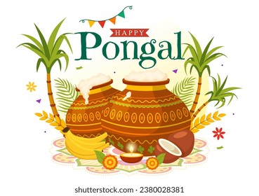 Happy Pongal Vector Illustration of Traditional Tamil Nadu India Festival Celebration with Sugarcane and Plate of Religious Props in Flat Background