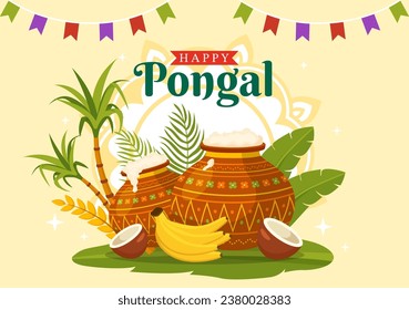 Happy Pongal Vector Illustration of Traditional Tamil Nadu India Festival Celebration with Sugarcane and Plate of Religious Props in Flat Background