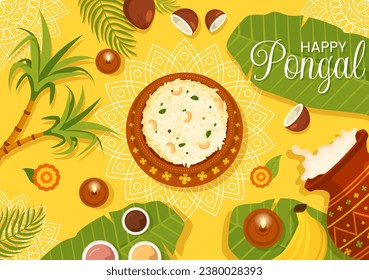 Happy Pongal Vector Illustration of Traditional Tamil Nadu India Festival Celebration with Sugarcane and Plate of Religious Props in Flat Background