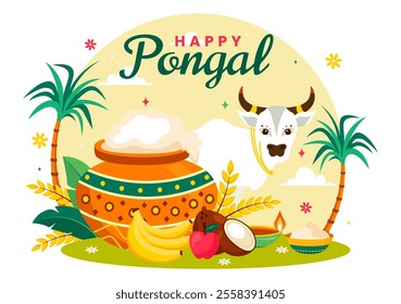 Happy Pongal Vector Illustration of the Traditional Tamil Nadu India Festival Celebration, Featuring Sugarcane and a Plate of Religious Props
