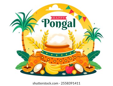 Happy Pongal Vector Illustration of the Traditional Tamil Nadu India Festival Celebration, Featuring Sugarcane and a Plate of Religious Props
