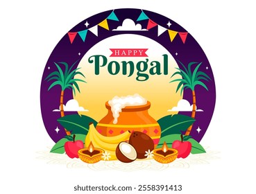 Happy Pongal Vector Illustration of the Traditional Tamil Nadu India Festival Celebration, Featuring Sugarcane and a Plate of Religious Props
