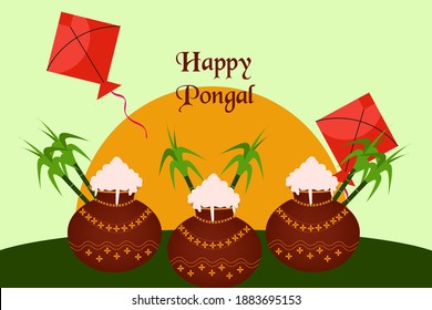  Happy Pongal wallpaper with colorful Pongal pots, sugarcanes, colorful kites with string for festival of India represents farmers freedom and happiness vector illustration.