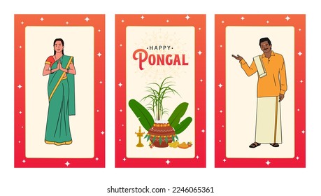 Feliz post de deseo de Pongal. Festival de Cosecha de Tamil Nadu Sur de India, fácil de editar vector.