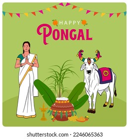 Happy Pongal wishing post. Harvest Festival of Tamil Nadu South India, easy to edit vector.