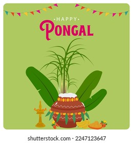 Happy Pongal wishing post. Harvest Festival of Tamil Nadu South India, easy-to-edit vector Instagram post.