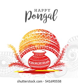 Happy Pongal,Hand drawn colorful Floral Frame with traditional pot for pongal south indian harvesting festival.