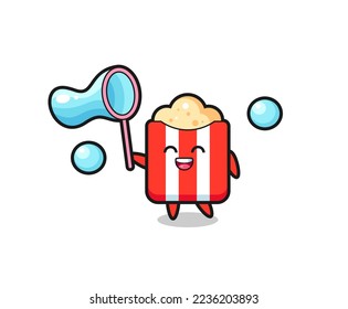 happy popcorn cartoon playing soap bubble , cute style design for t shirt, sticker, logo element