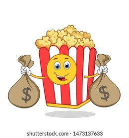 Happy Popcorn Red White BoxCartoon Mascot Character holding money bag