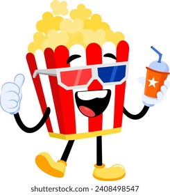 Happy Popcorn Retro Cartoon Character Wearing 3D Glasses Giving Thumbs Up. Vector Illustration Flat Design Isolated On Transparent Background