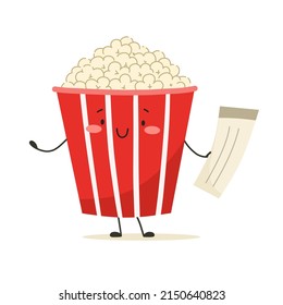 Happy popcorn in the ticket box. Vector illustration.