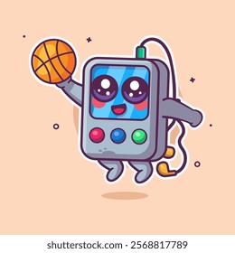 happy portable music player character mascot playing basketball isolated cartoon